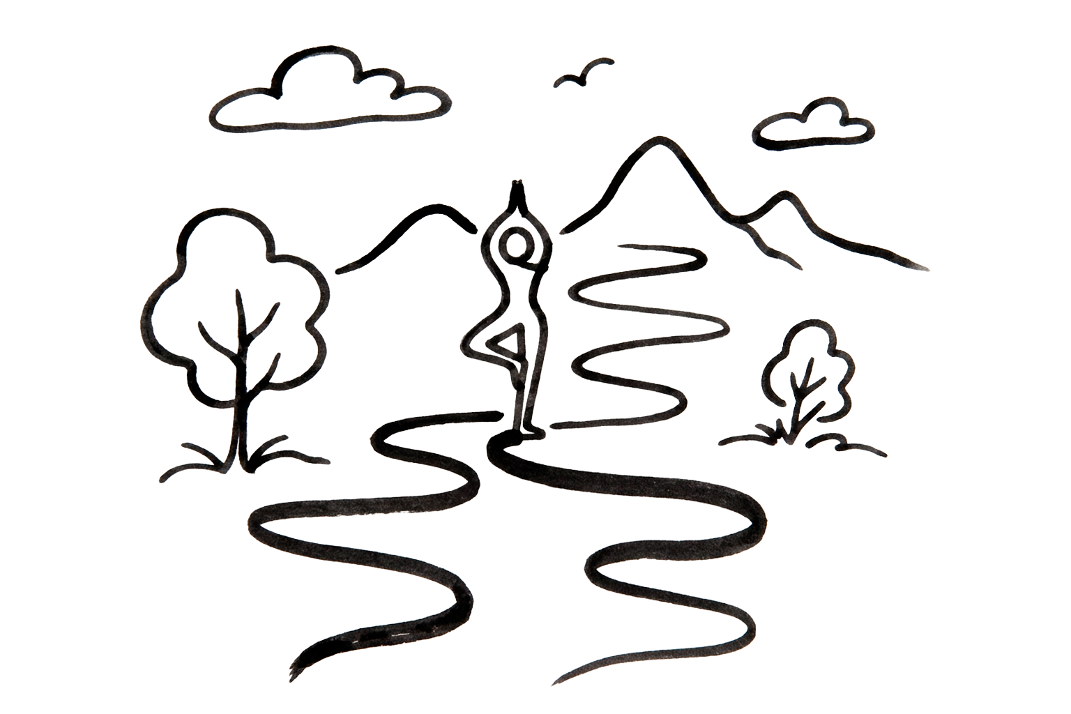 A winding path through nature with a person in tree pose